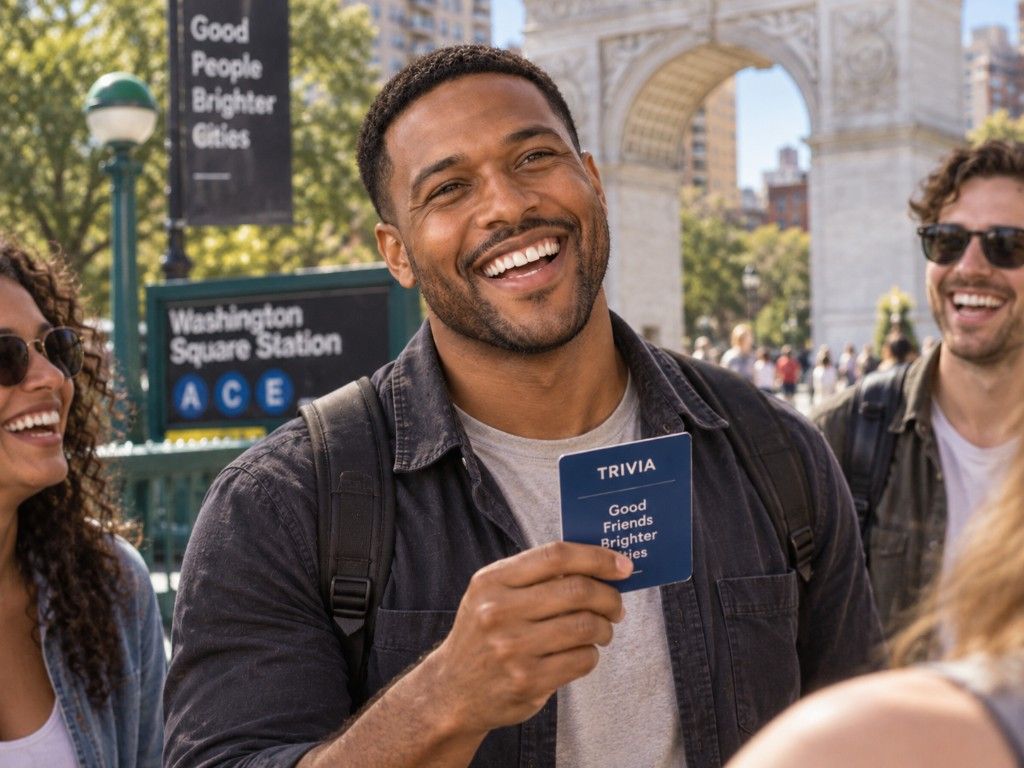 Tristan holding a trivia card in the city