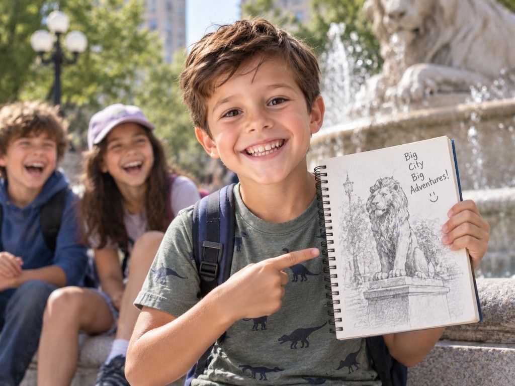 Leo showing a lion sketch downtown