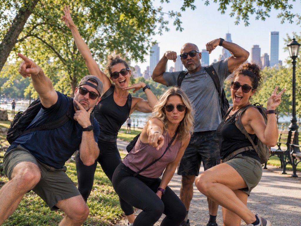 Adults posing together during an outdoor birthday hunt