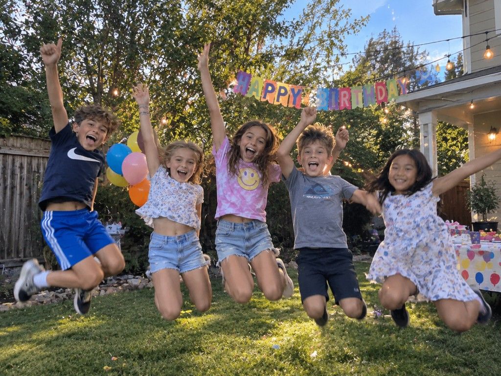 Kids jumping at a backyard birthday party