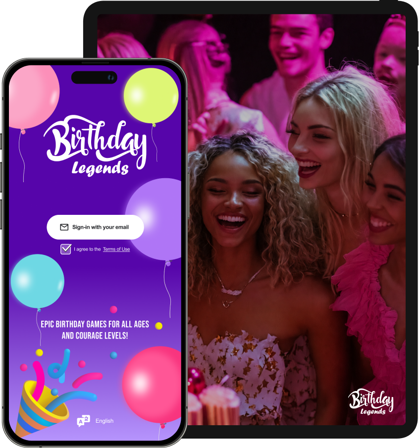 Birthday Legends app interface showing login screen and party celebration