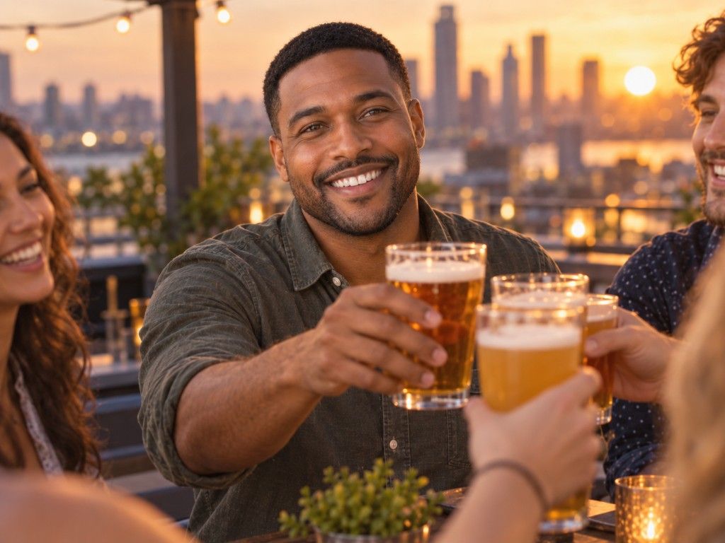Tristan toasting with friends on a rooftop