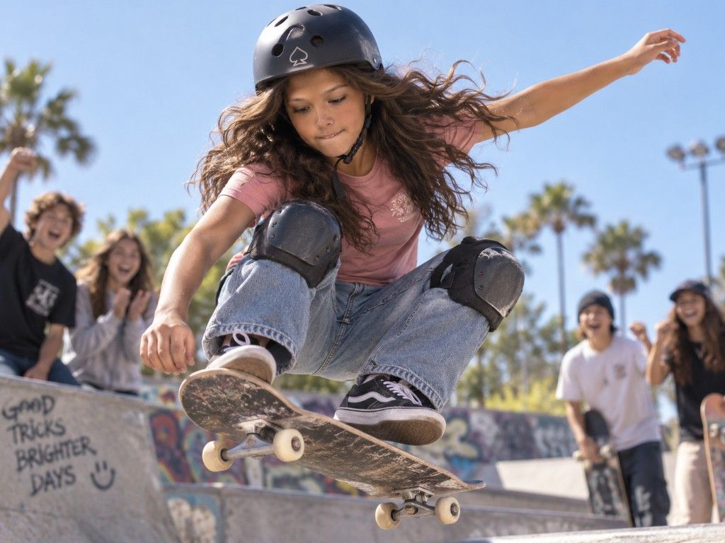 Maya landing a skatepark trick