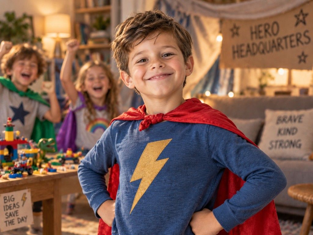 Leo in a living-room superhero headquarters